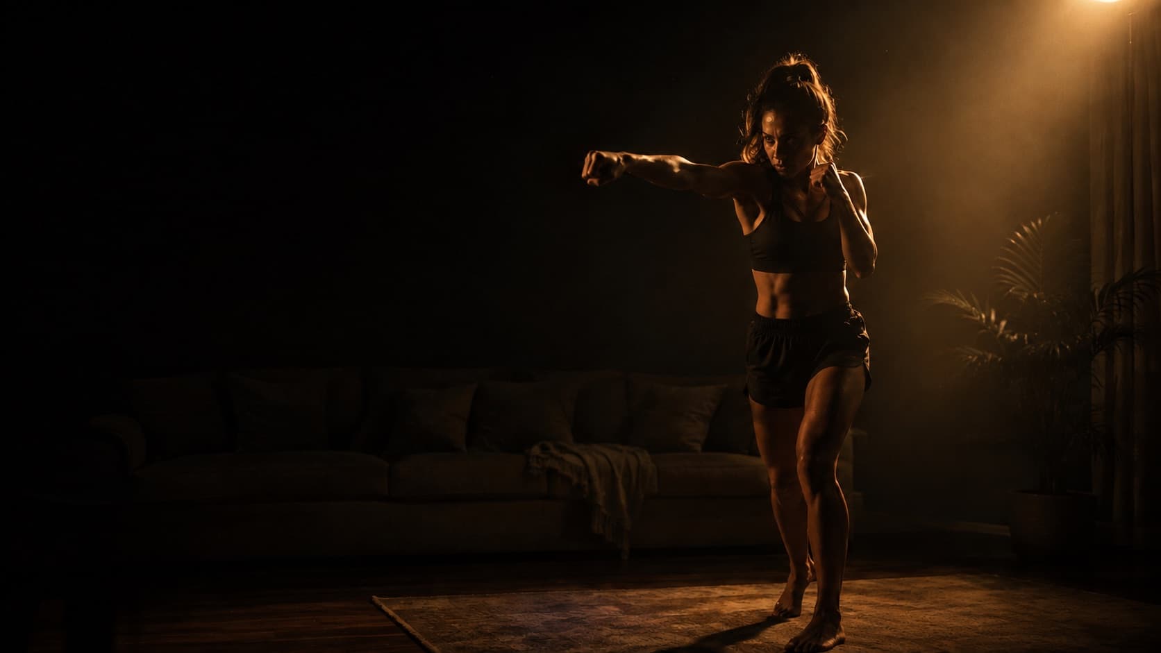 A woman throwing a jab in her living room, lit by a single warm lamp